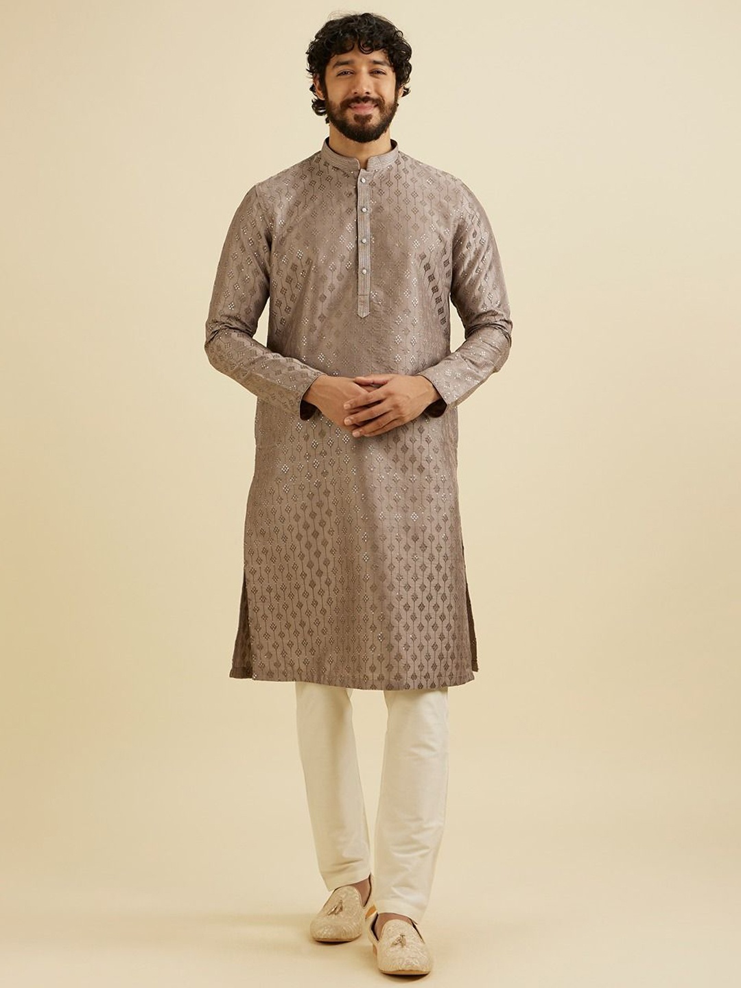 

Manyavar Men Ethnic Motifs Embroidered Regular Sequinned Kurta with Pyjamas, Grey