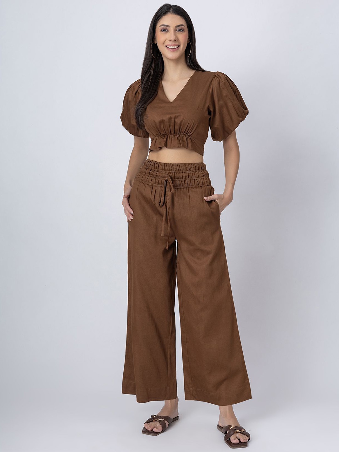 

Moomaya Pure Cotton Top With Trousers Co-Ords, Brown