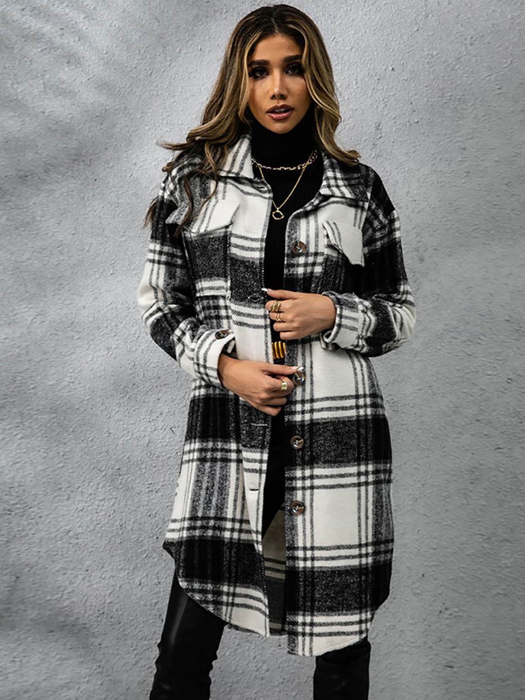 

StyleCast x Revolte Women Checked Spread Collar Overcoat, Black