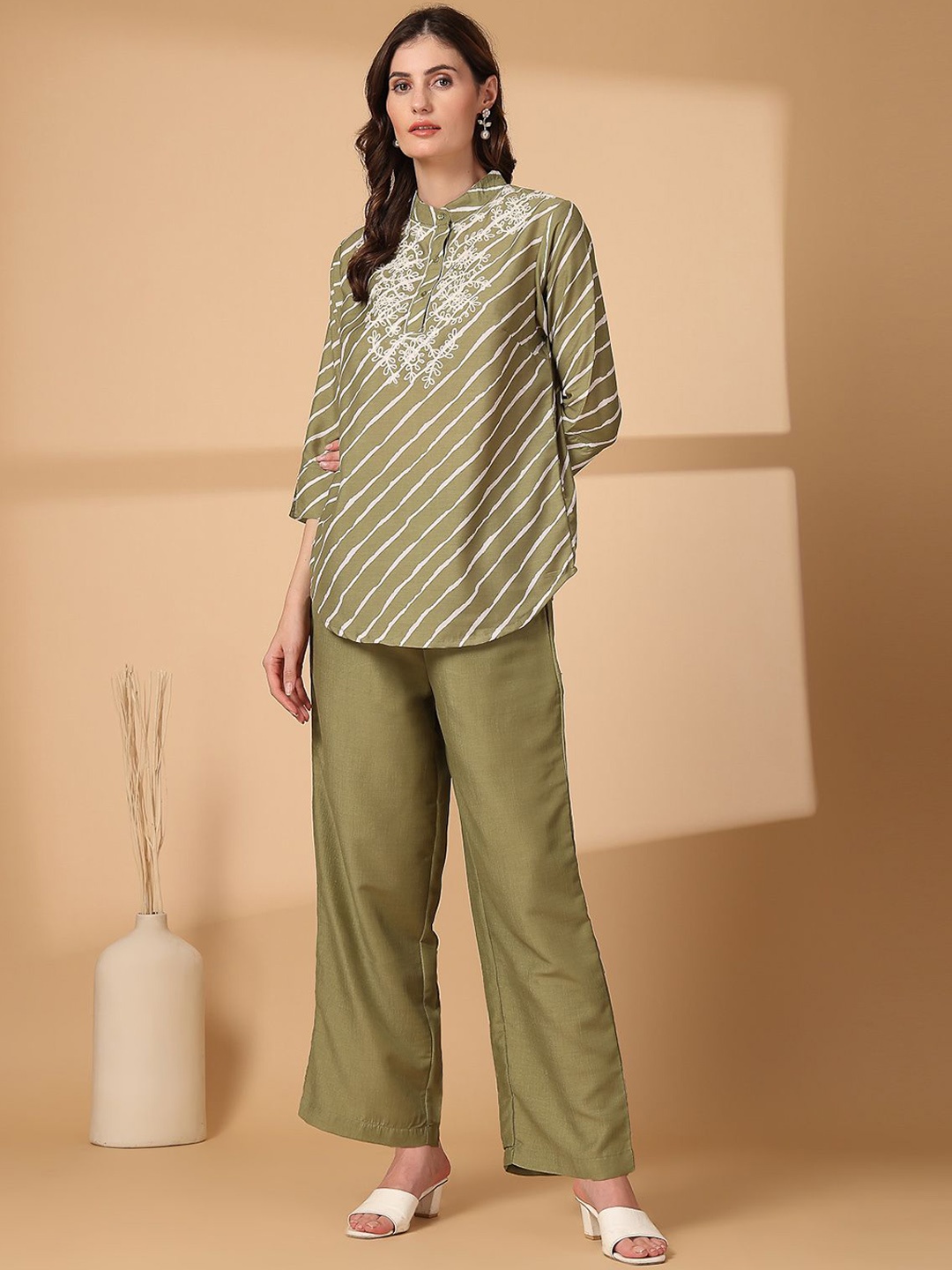 

plusS Embroidered Pure Cotton Top With Trouser Co-Ords, Olive