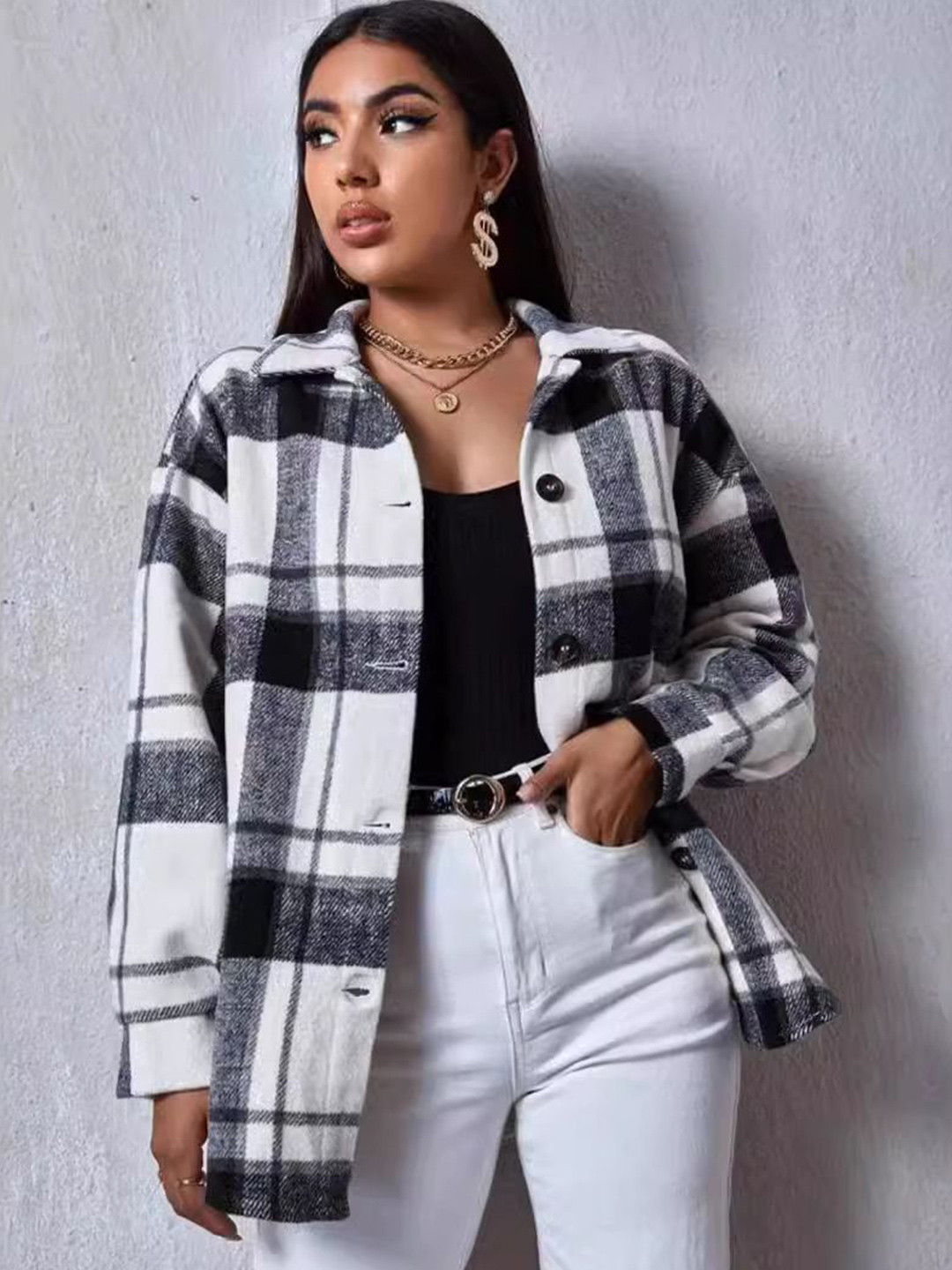 

StyleCast Women Windowpane Checks Opaque Checked Casual Shirt, Black