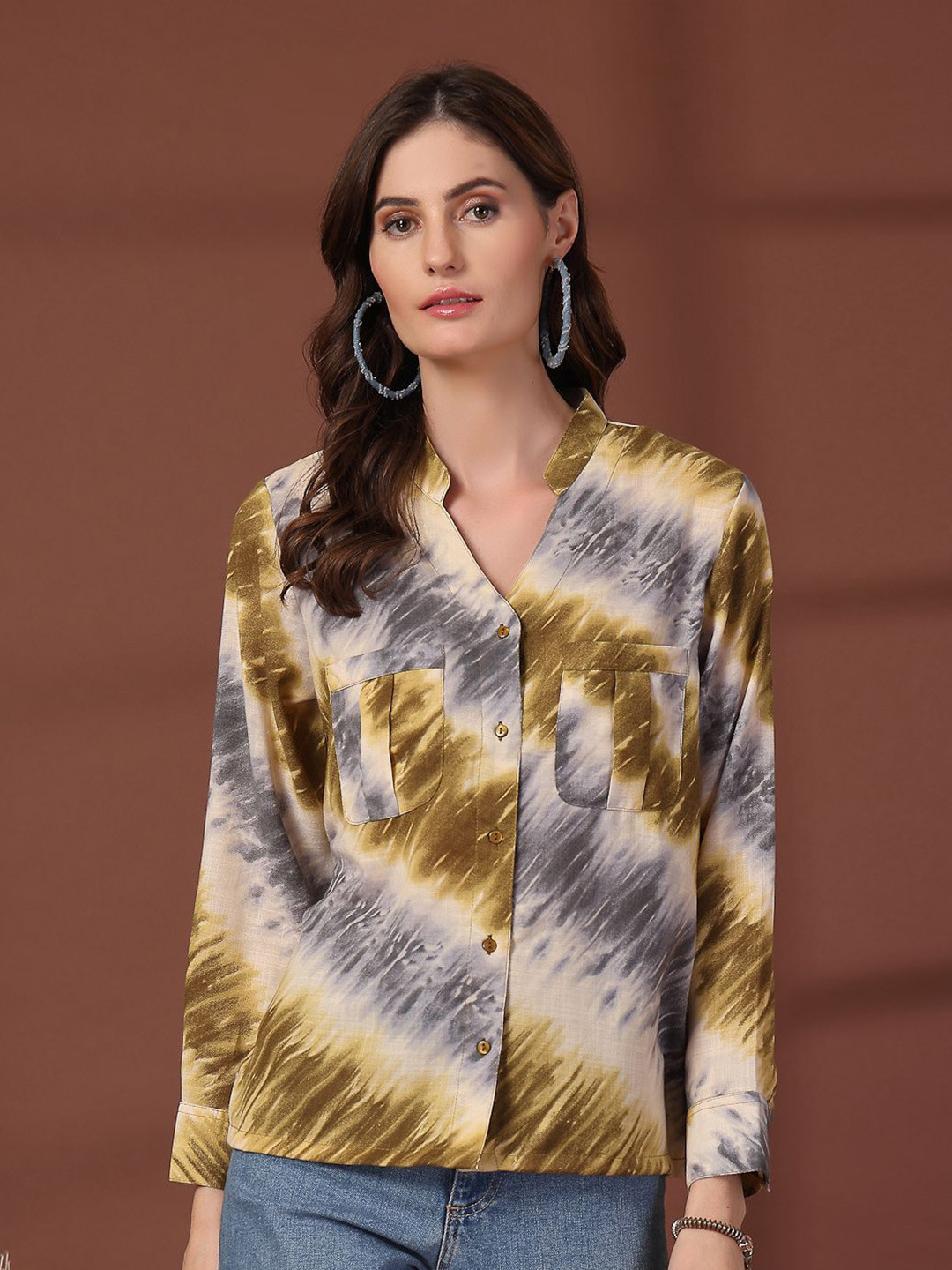 

plusS Print Mandarin Collar Puff Sleeve Cotton Top, Black