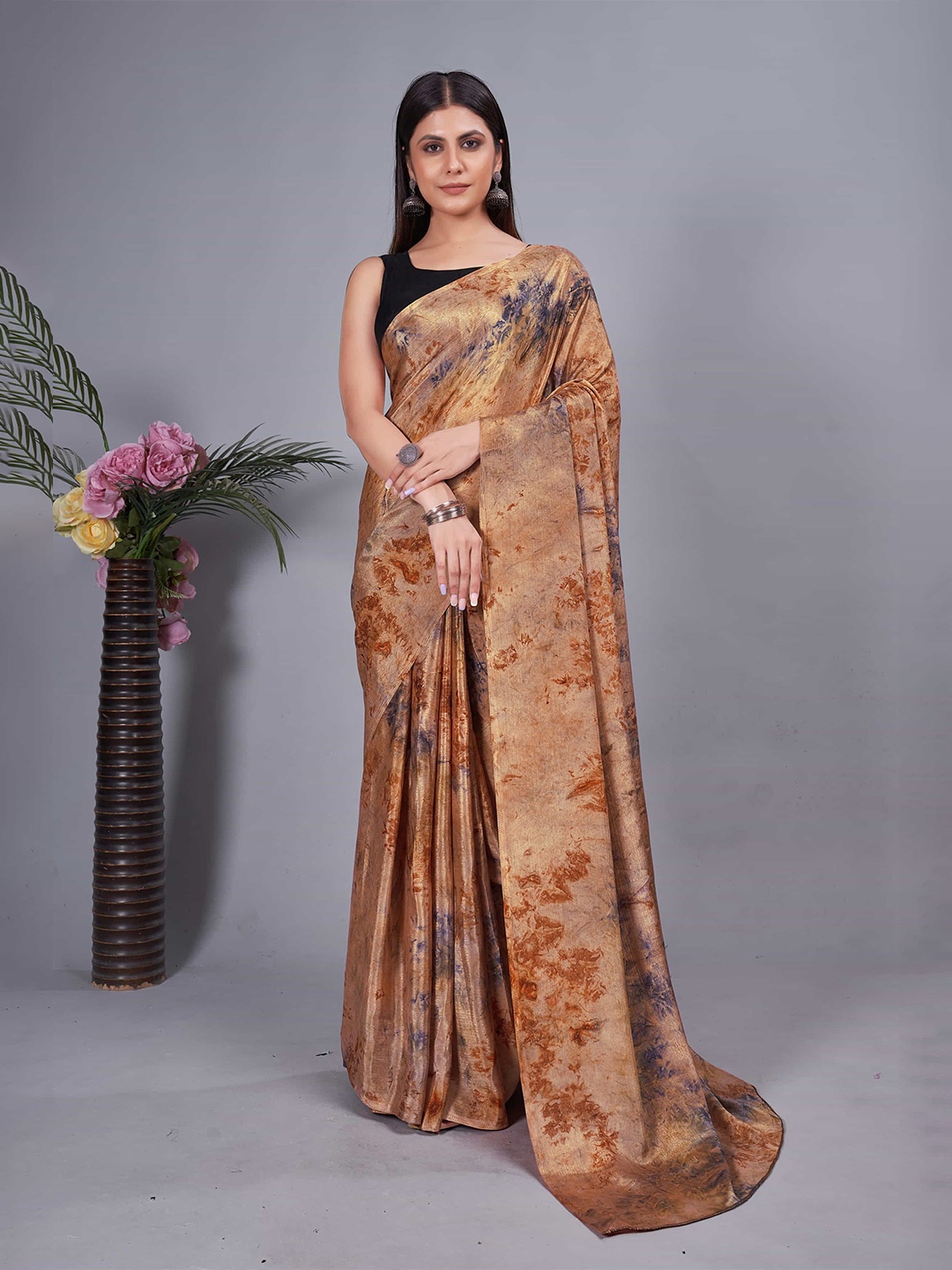 

KALINI Floral Printed Pure Chiffon Ready to Wear Saree, Brown