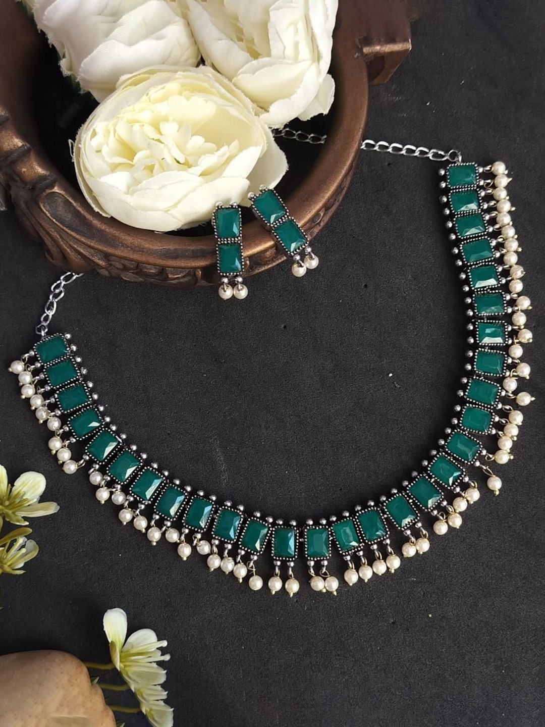 

Efulgenz Rhodium-Plated Crystal Studded & Beaded Jewellery Set, Silver
