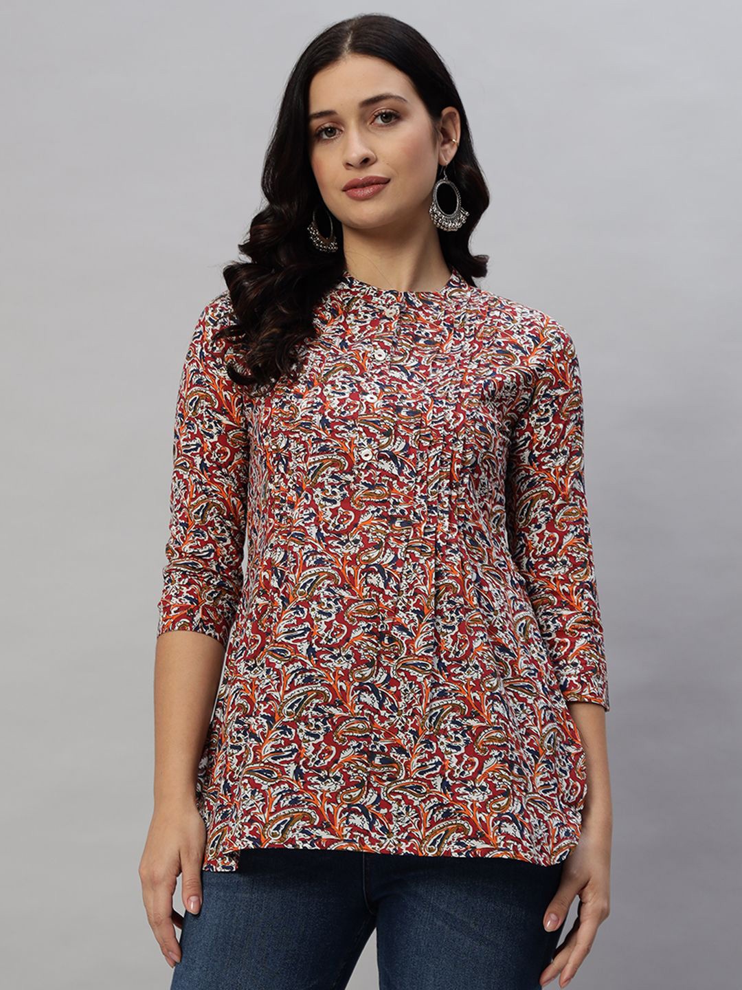 

KBZ Floral Print Mandarin Collar Cotton Top, Multi