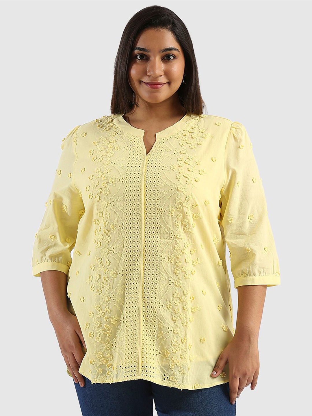 

Presence Embroidered Mandarin Collar Cotton Top, Yellow