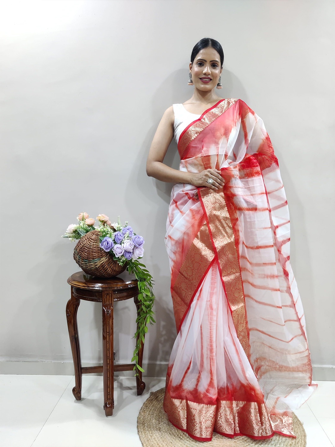 

KALINI Tie and Dye Zari Organza Leheriya Saree, Red