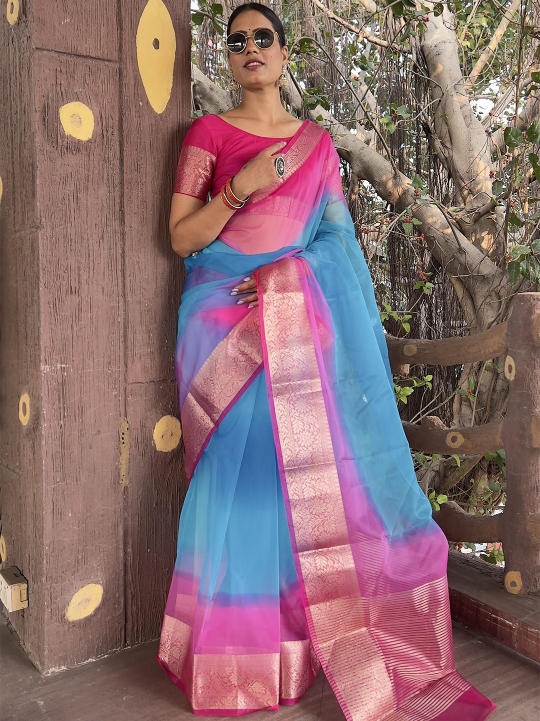 

KALINI Tie and Dye Zari Organza Leheriya Saree, Blue