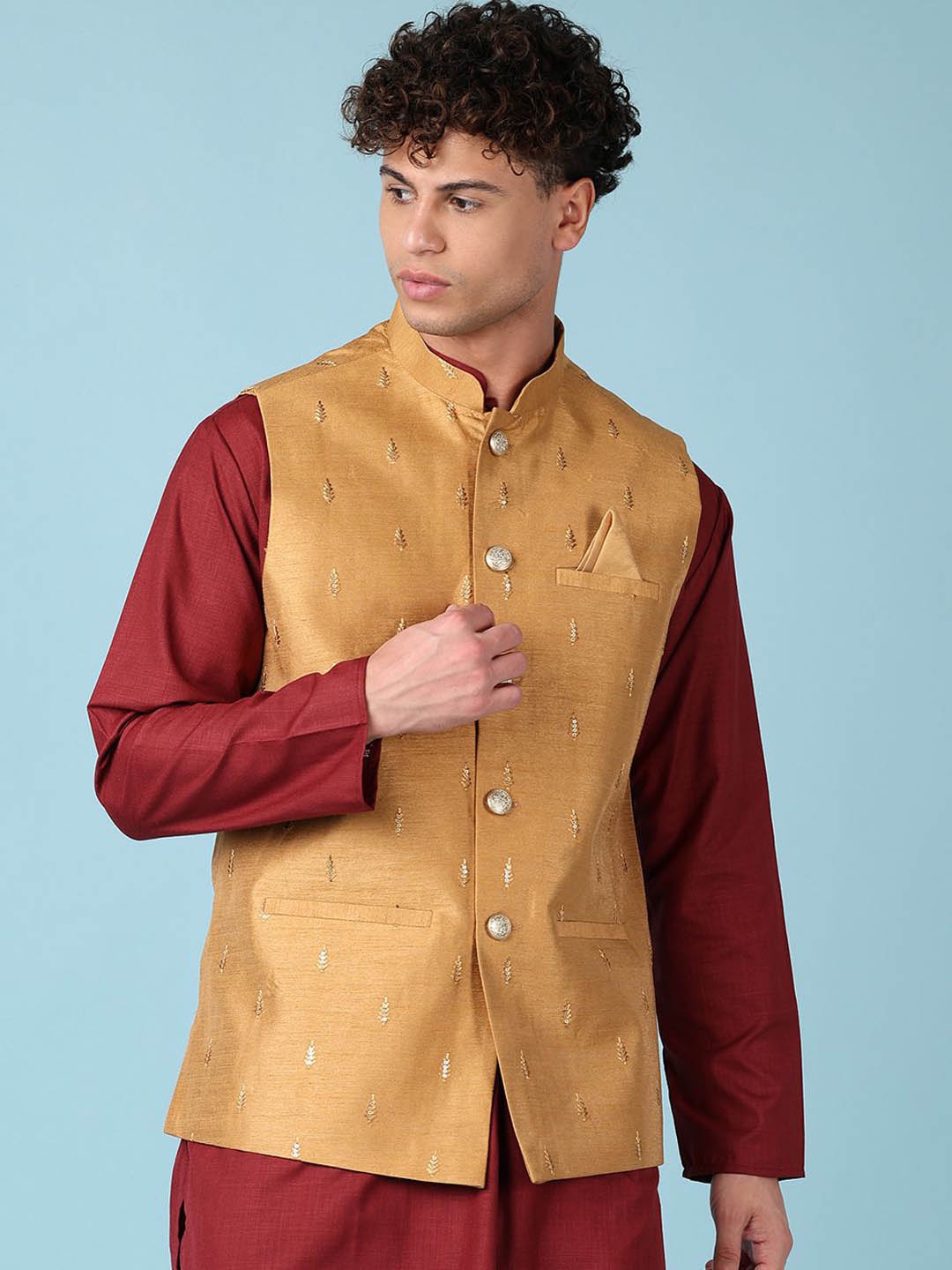 

V-Mart Embroidered Woven Nehru Jacket, Mustard