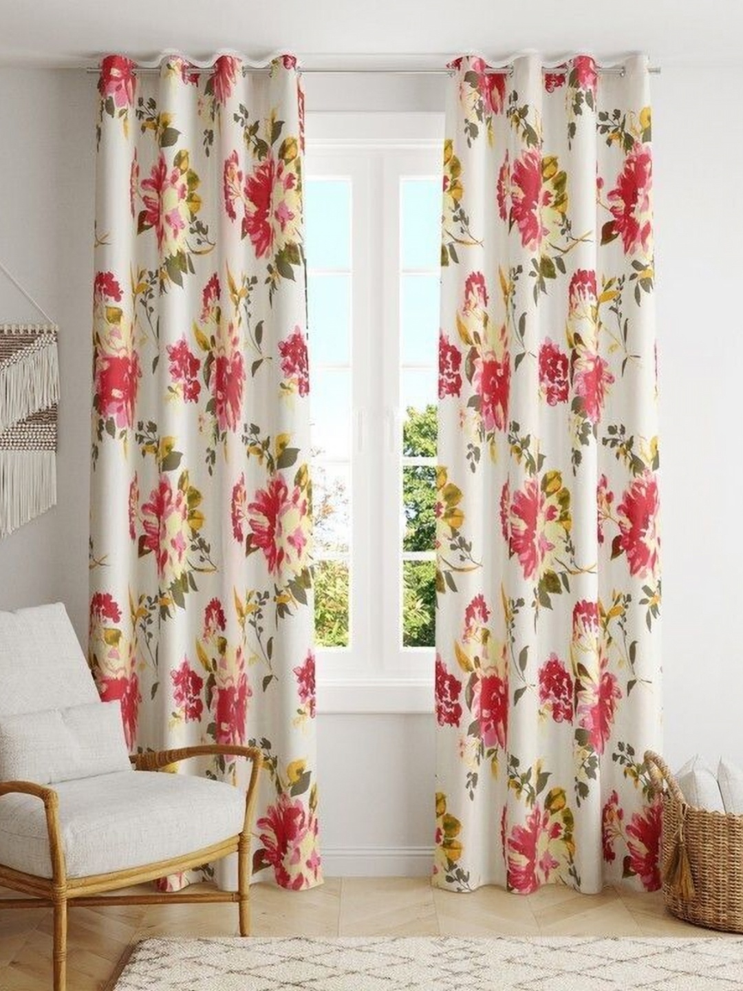 

BILBERRY Furnishing by preeti grover White & Green Set of 2 Floral Sheer Door Curtain