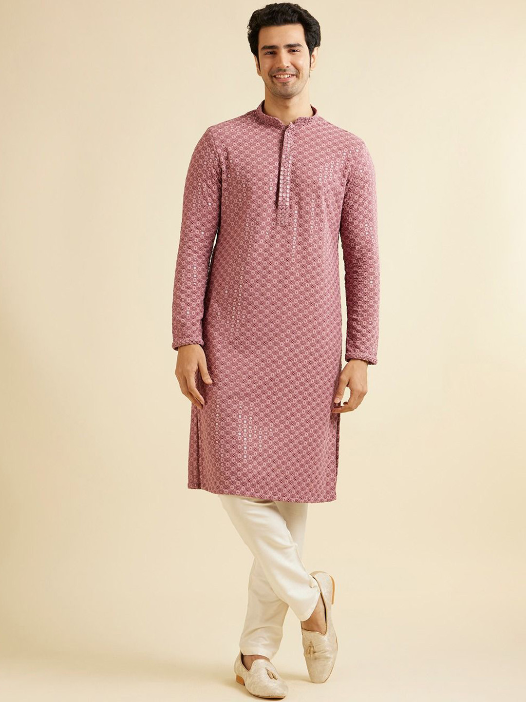 

Manyavar Men Embroidered Regular Sequinned Kurta with Pyjamas, Pink
