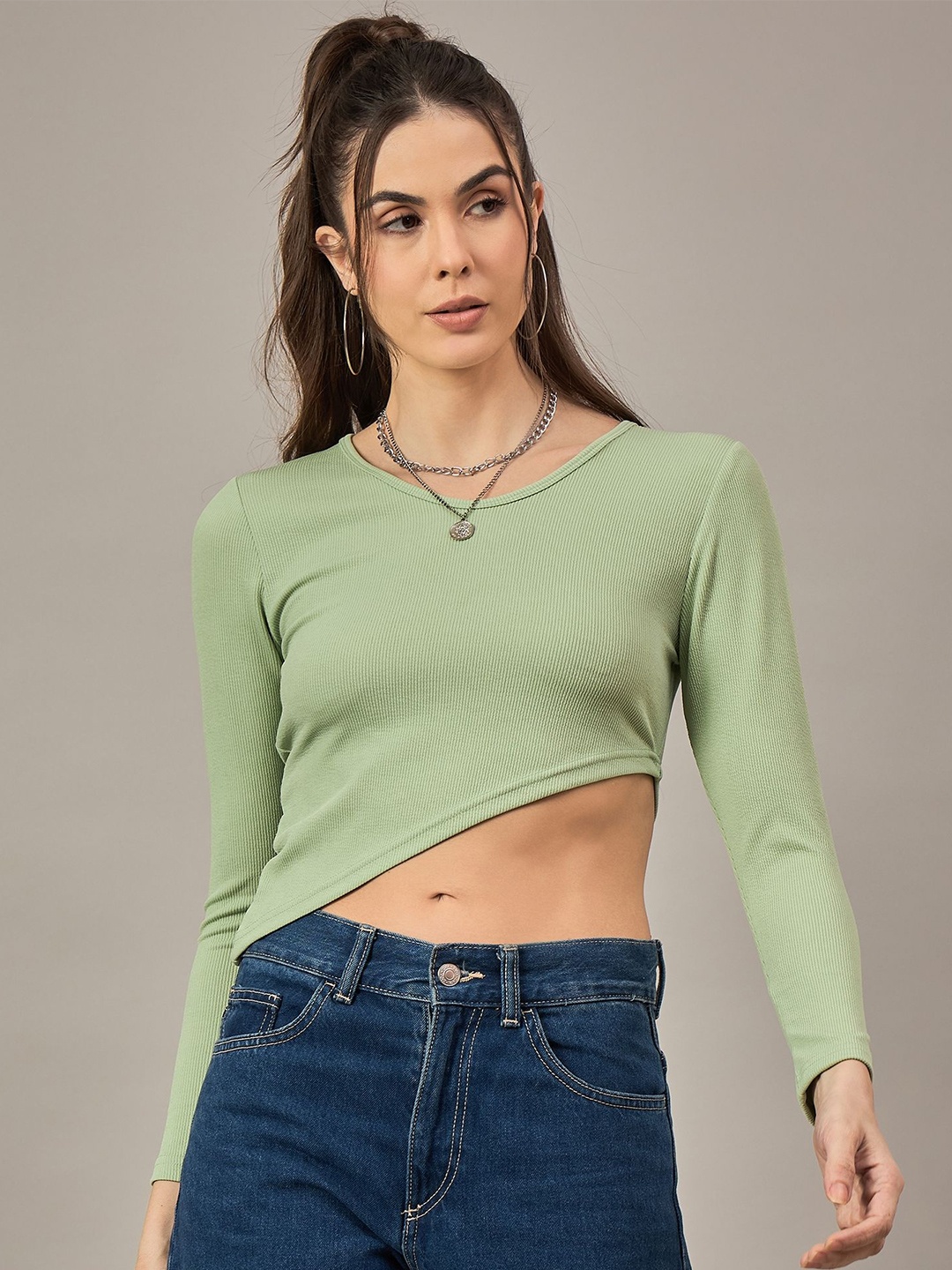 

The Roadster Lifestyle Co Women Ribbed Long Sleeves Top, Green