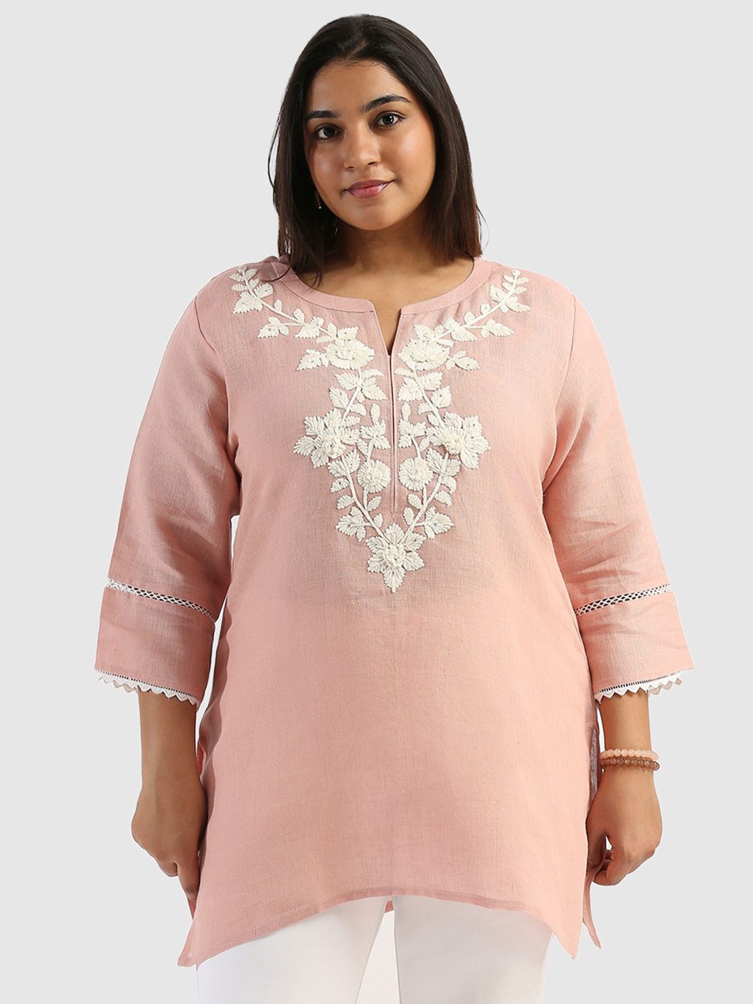 

Presence Floral Embroidered Mandarin Collar Linen Top, Pink