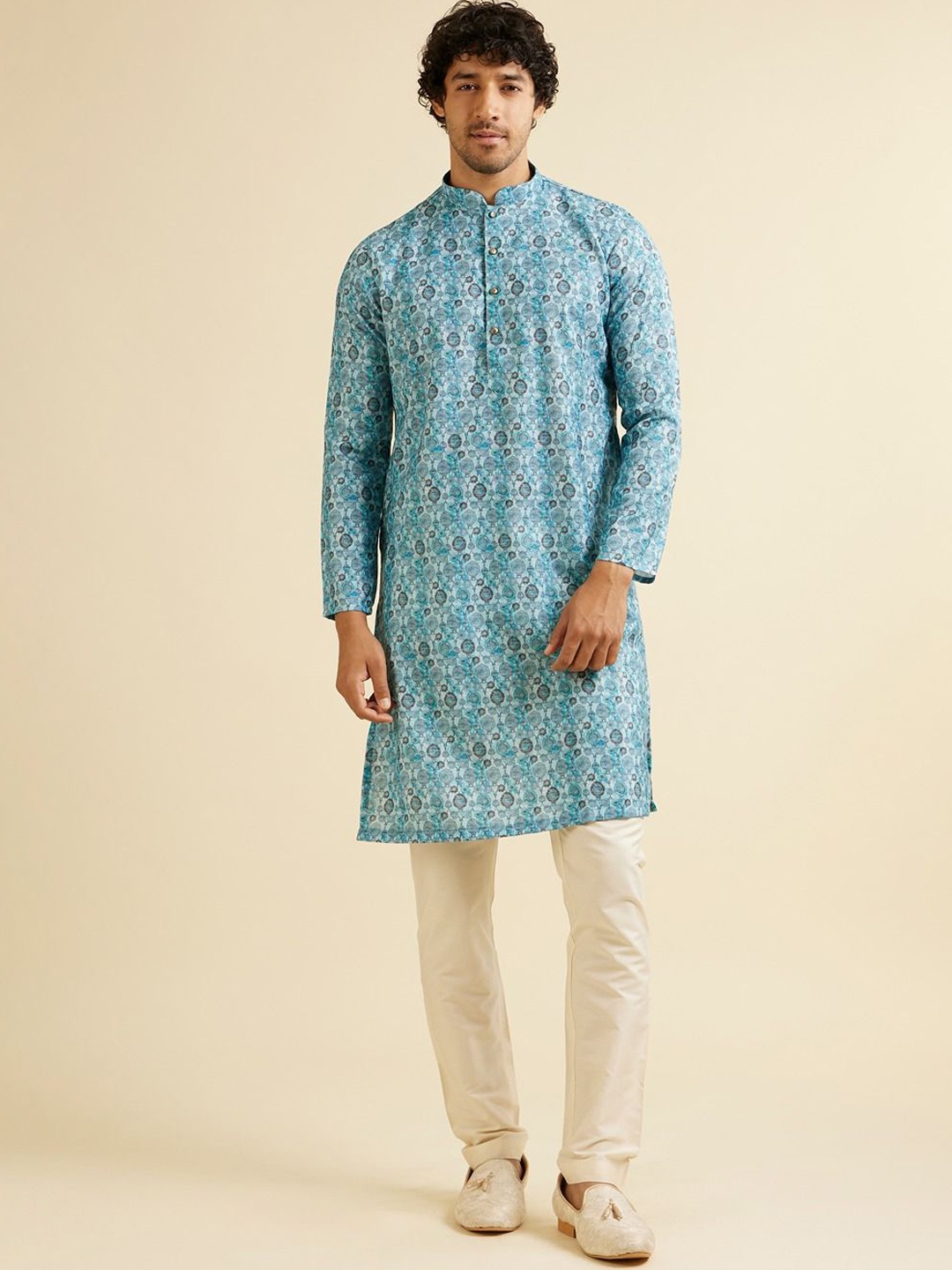 

Manyavar Men Printed Kurta, Turquoise blue