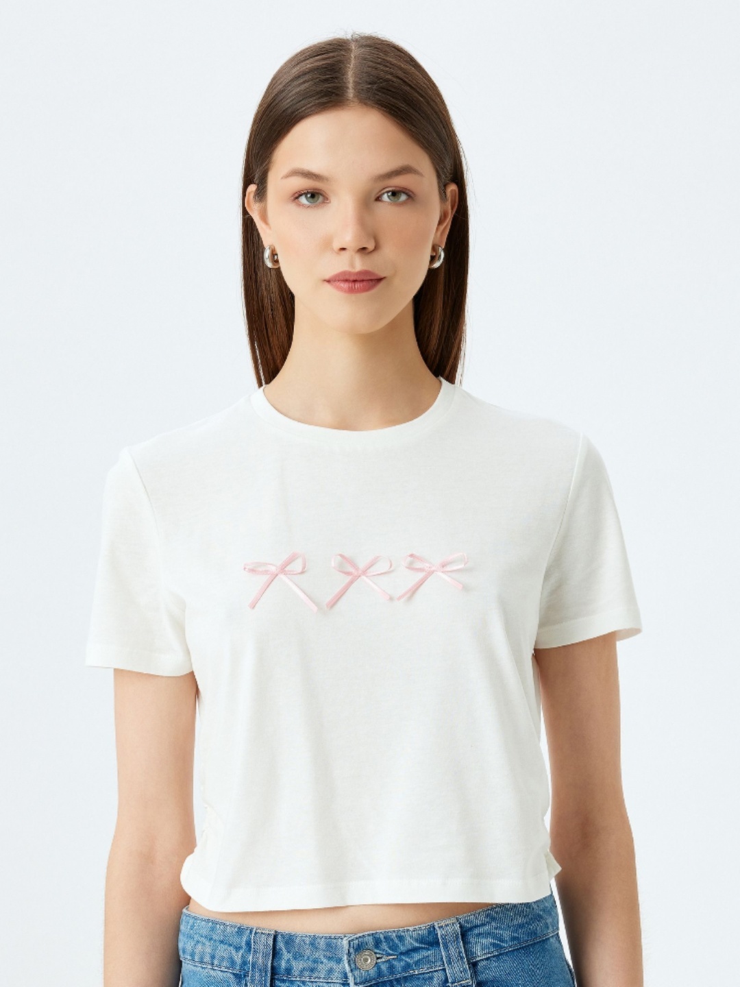 

Koton Women Typography V-Neck Slim Fit T-shirt, Beige