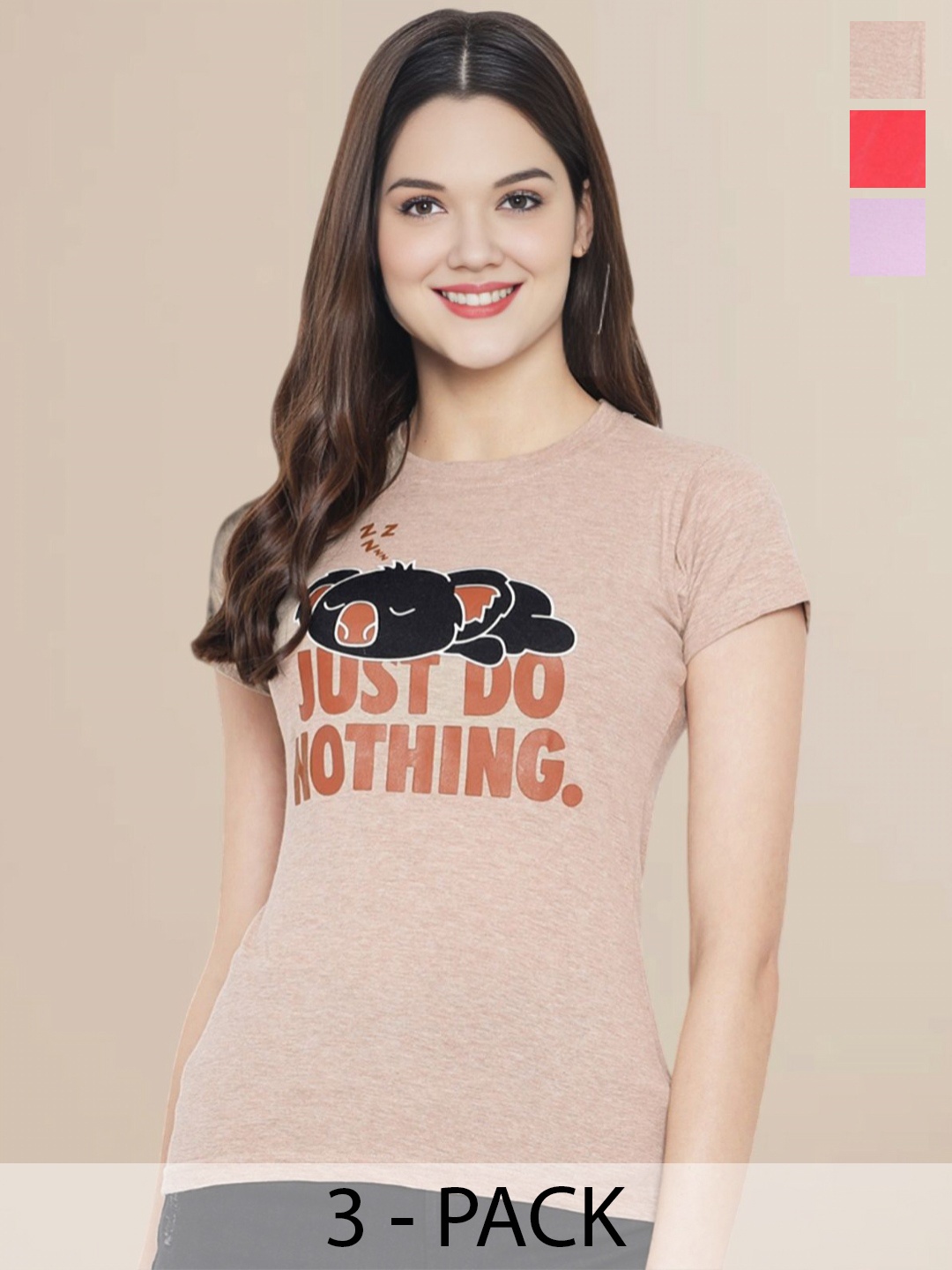 

Metronaut Pack of 3 Typography Printed T-shirt, Nude
