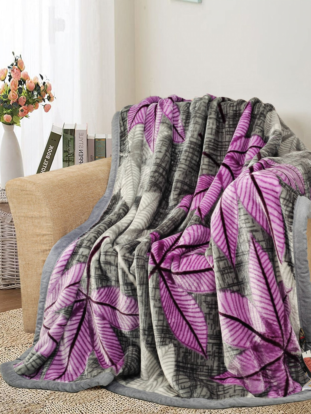 

bsb home Purple & Grey Floral Mink Heavy Winter 500 GSM Single Bed Blanket