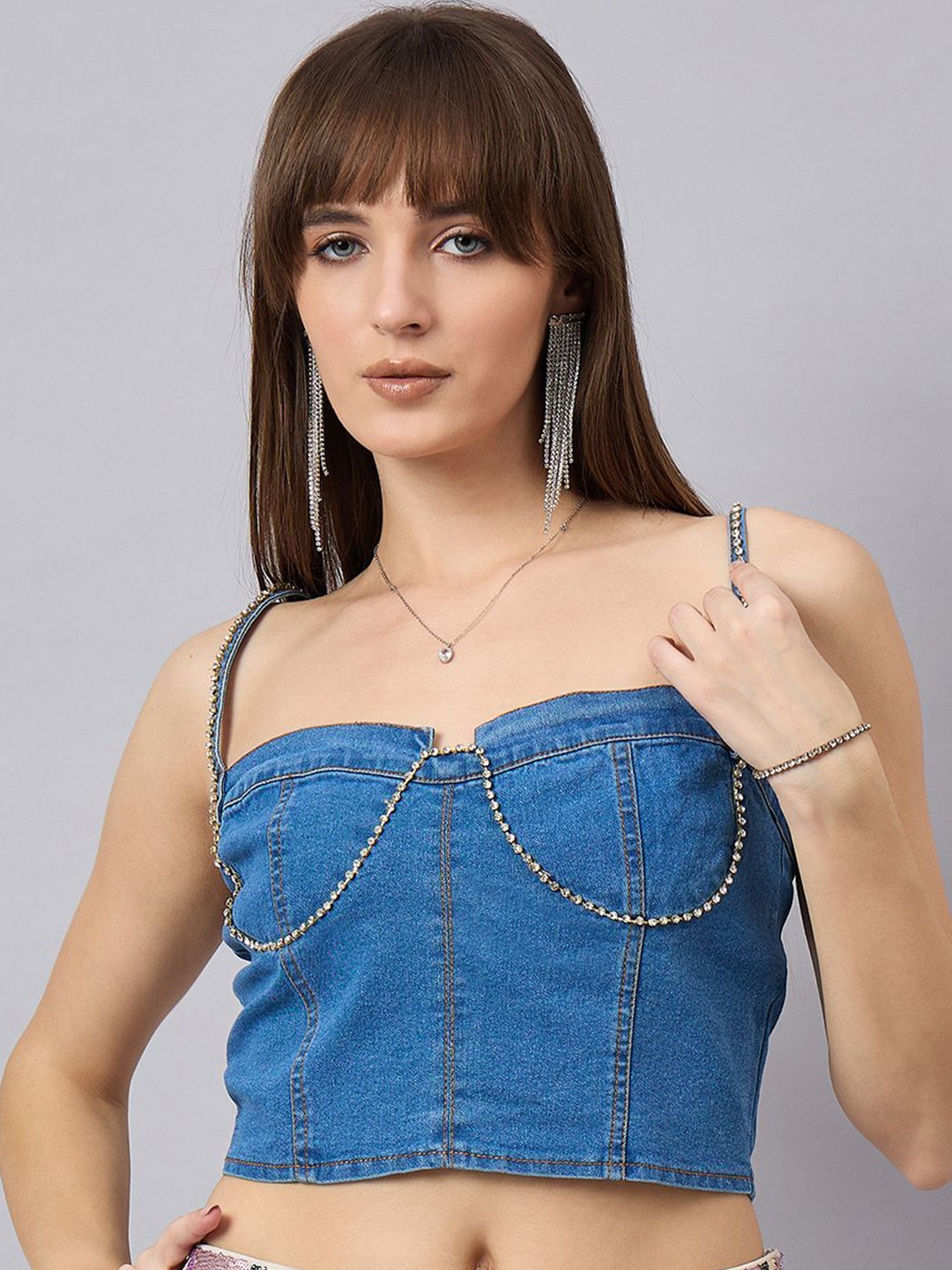 

Orchid Blues Embellished Cotton Crop Top, Blue
