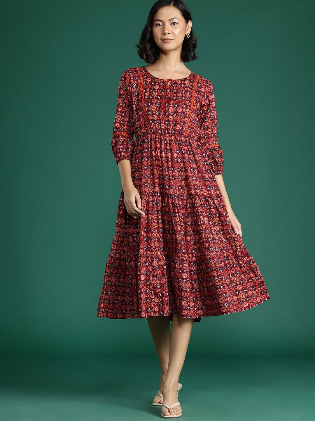

Deewa Colourblocked Print Fit & Flare Maxi Dress, Maroon