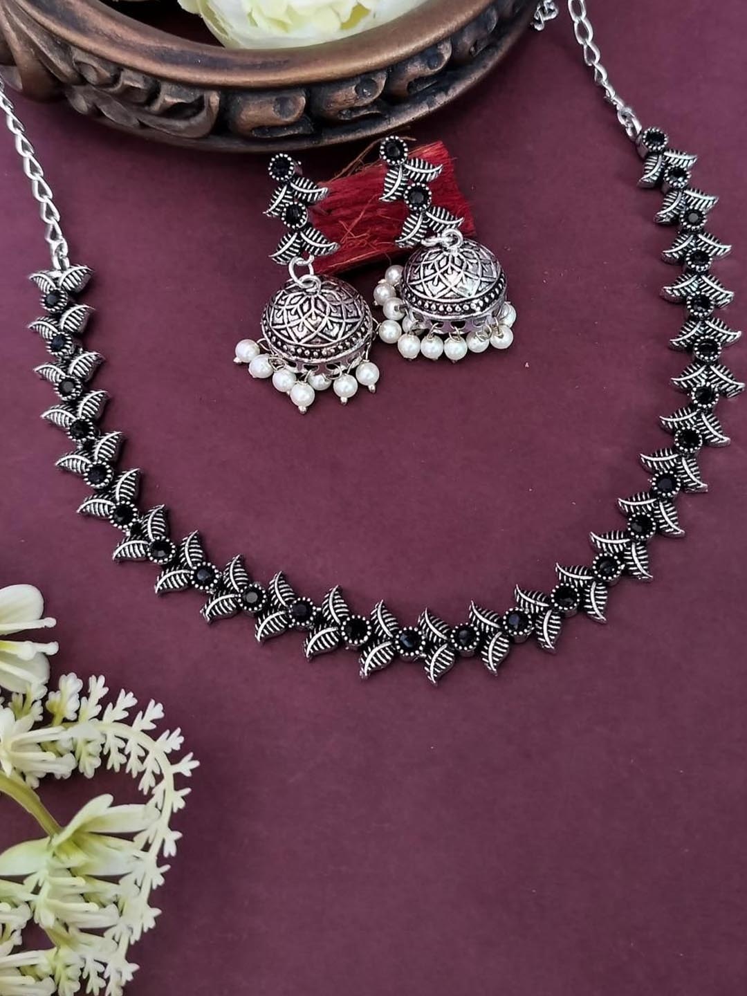 

Efulgenz Rhodium-Plated CZ Studded Oxidized Jewellery Set, Silver