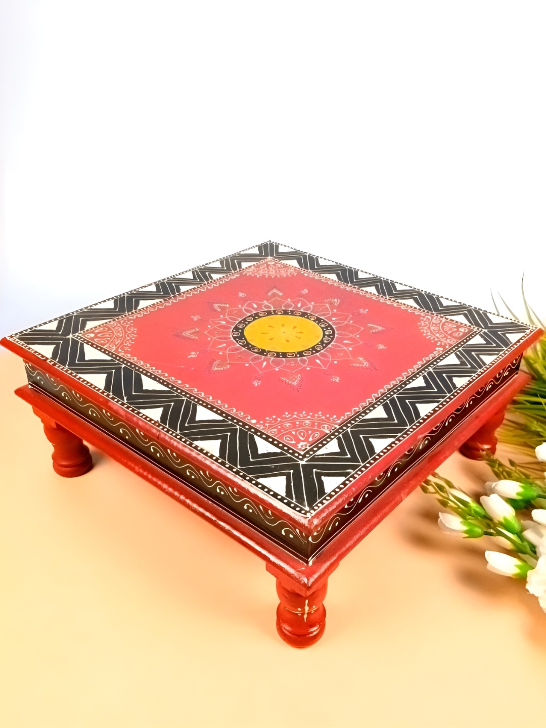 

apka mart Red & Black Wooden Pooja Chowkie