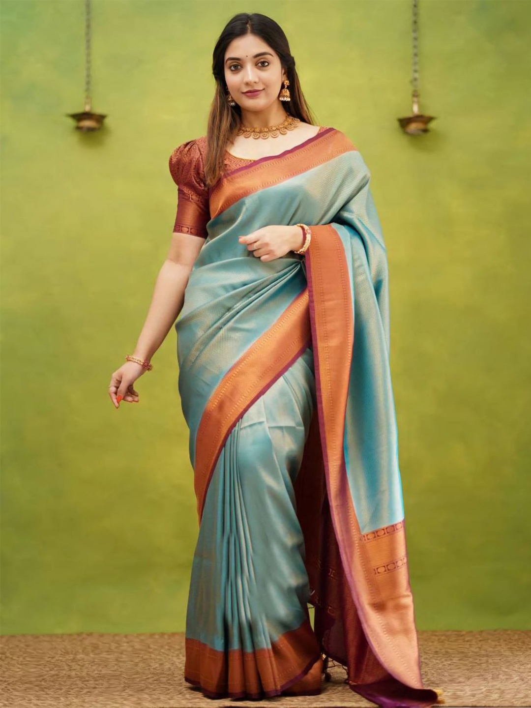 

Areca Designer Woven Design Pure Silk Banarasi Saree, Sea green