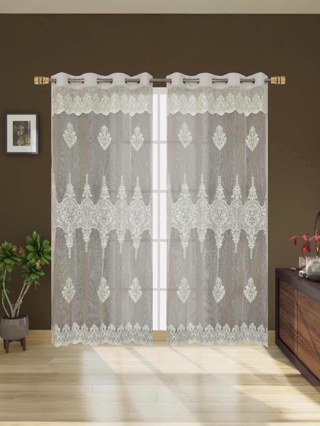 

BIGGER FISH Cream-Coloured Set of 2 Floral Sheer Long Door Curtain