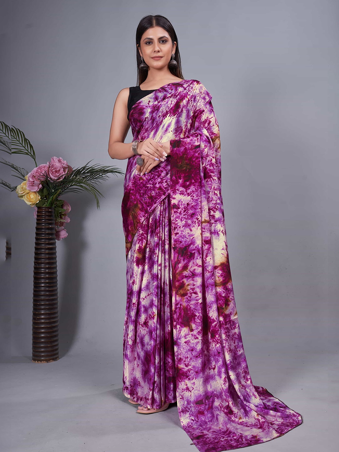 

KALINI Tie and Dye Pure Chiffon Ready to Wear Saree, Purple