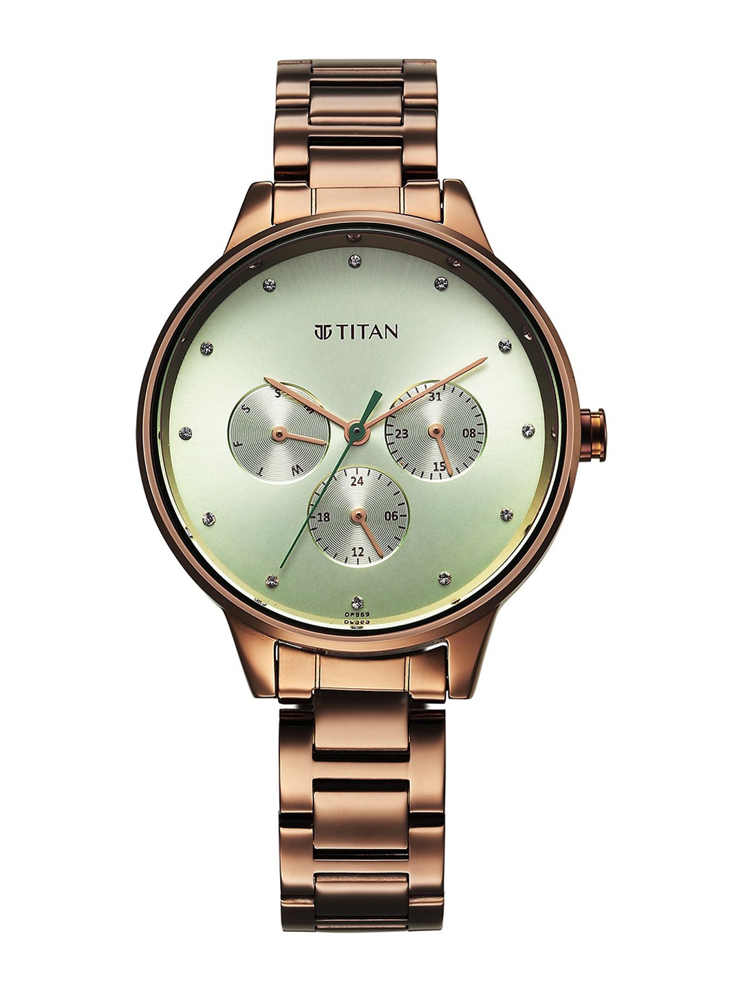 

Titan Women Brass Embellished Dial & Stainless Steel Bracelet Style Straps Analogue Watch 2648QM03, Green