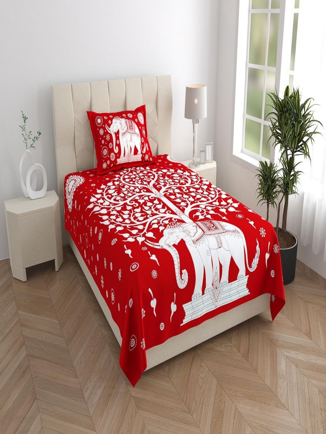 

Aura Red & White Ethnic Motifs 120 TC Single Bedsheet with 1 Pillow Covers