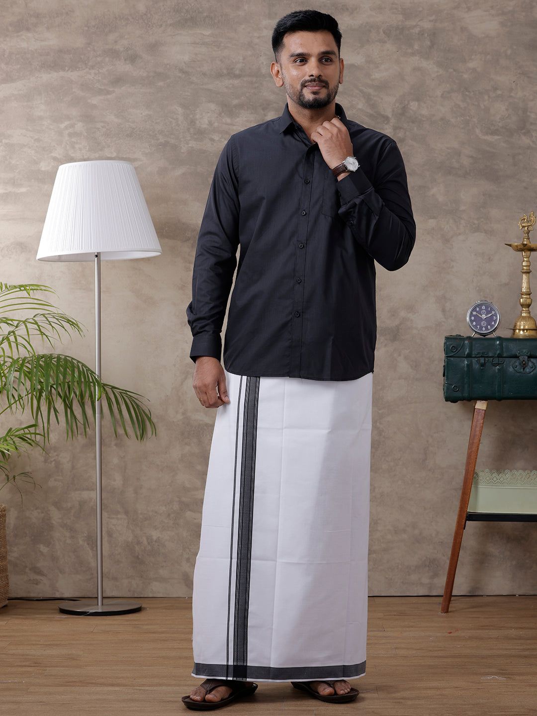 

Ramraj Regular Collar Shirt with Dhoti, Black