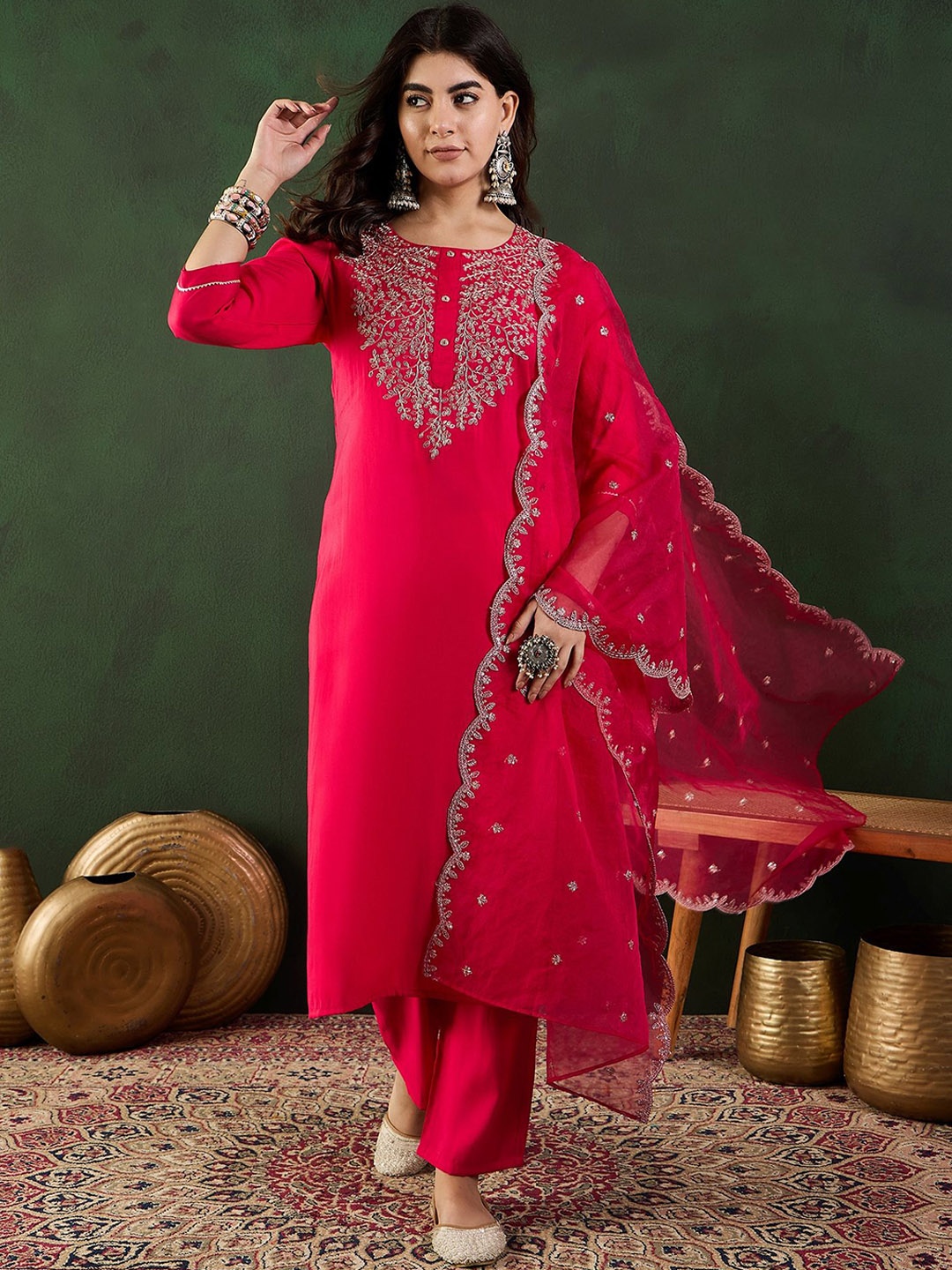 

Sangria Embroidered Kurta Trousers & Dupatta, Coral