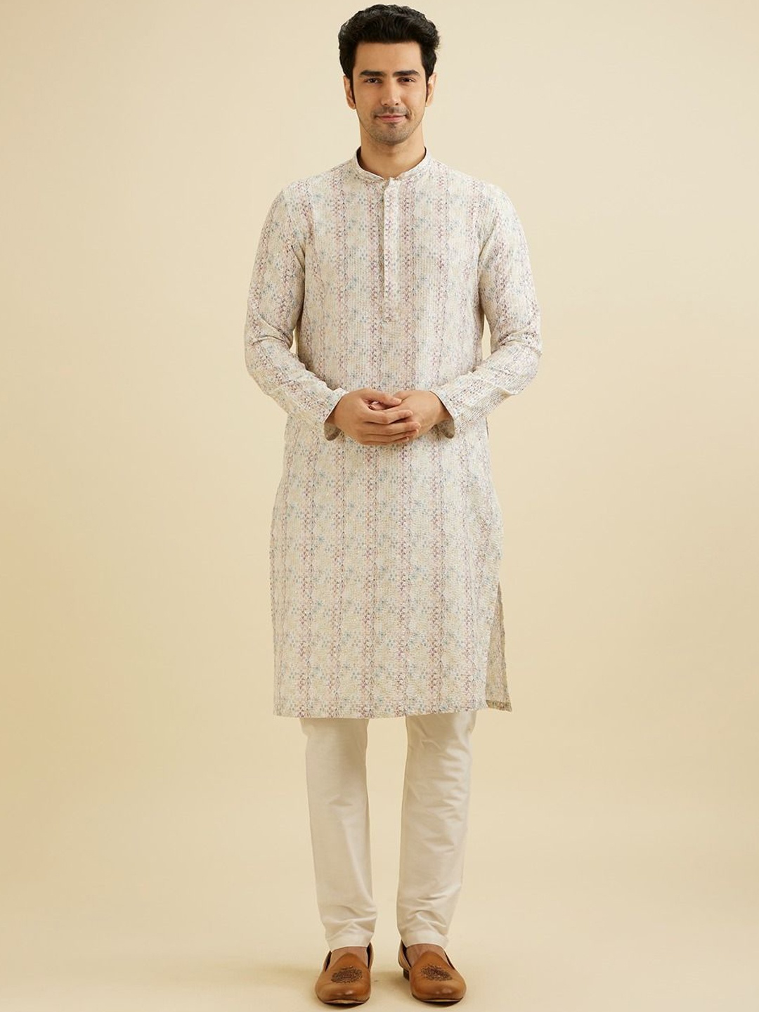 

Manyavar Men Embroidered Regular Sequinned Kurta with Pyjamas, Cream