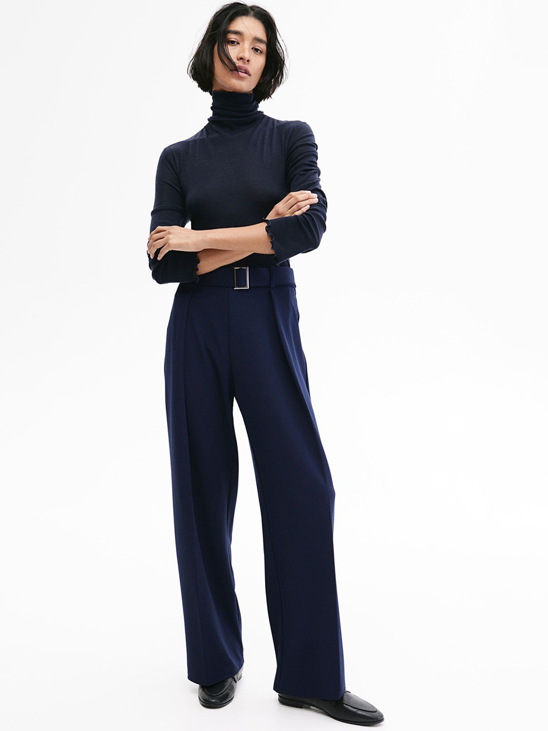 

H&M Wide Belt-Detail Trousers, Blue