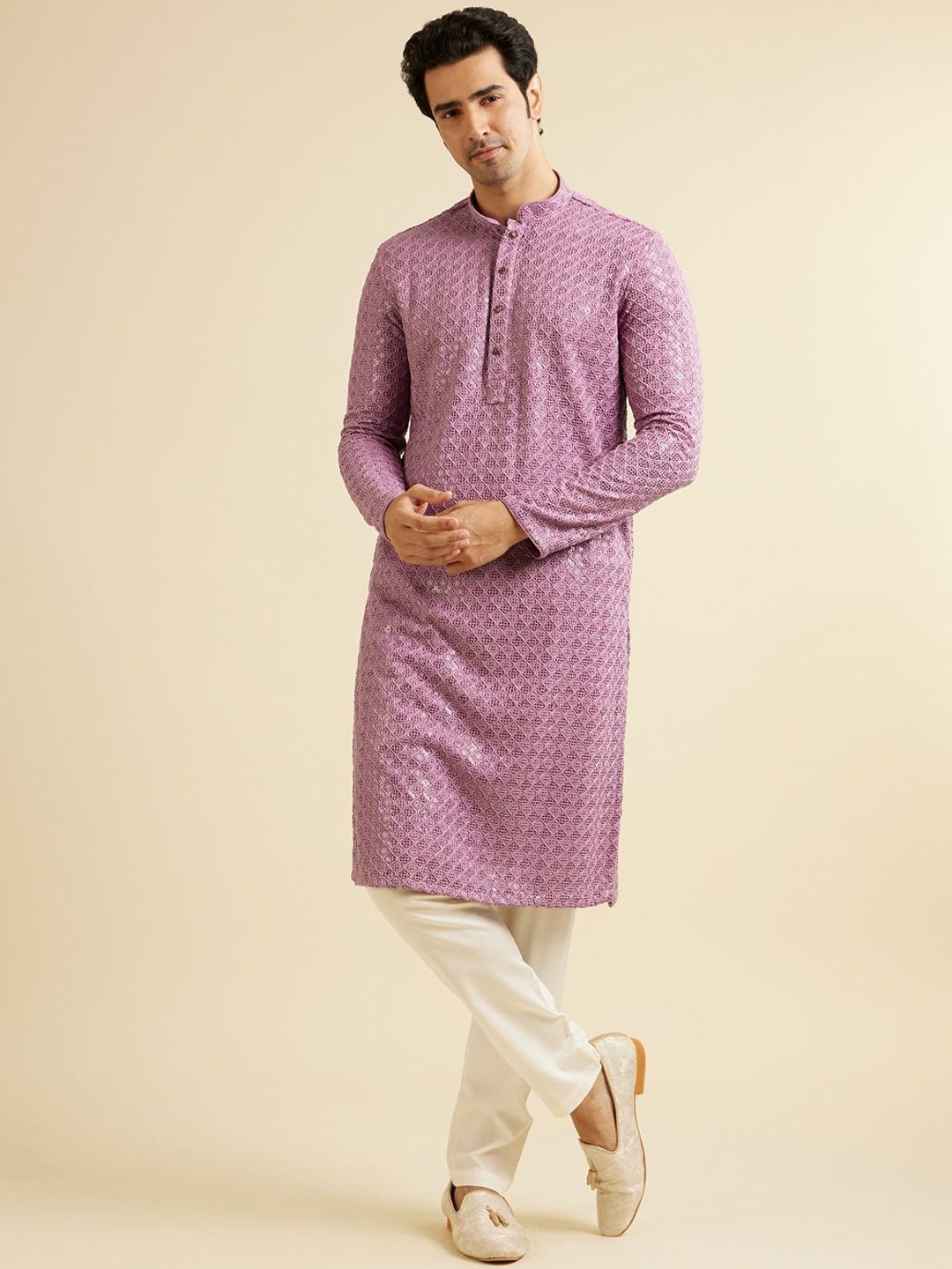 

Manyavar Men Embroidered Regular Sequinned Kurta with Pyjamas, Purple