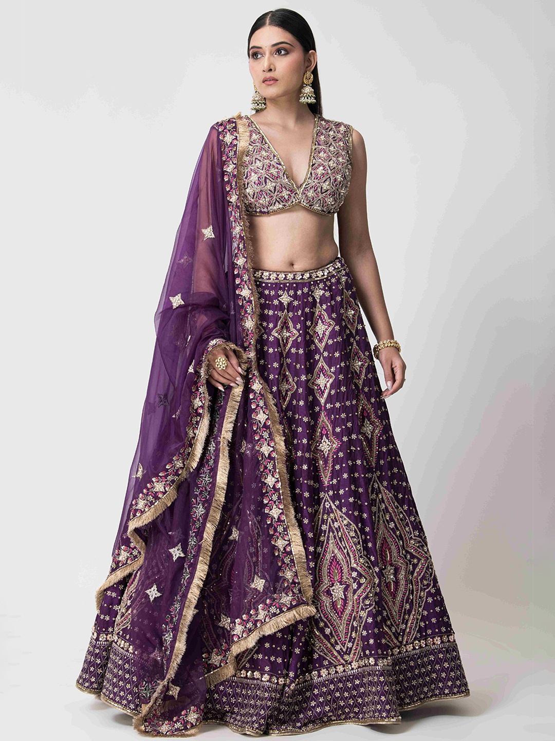 

The Front Row Embellished Ready to Wear Lehenga & Blouse With Dupatta, Purple