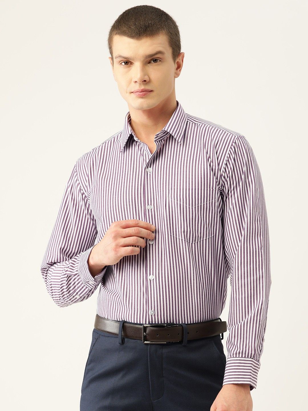 

English Navy Men Slim Fit Opaque Striped Formal Shirt, Purple