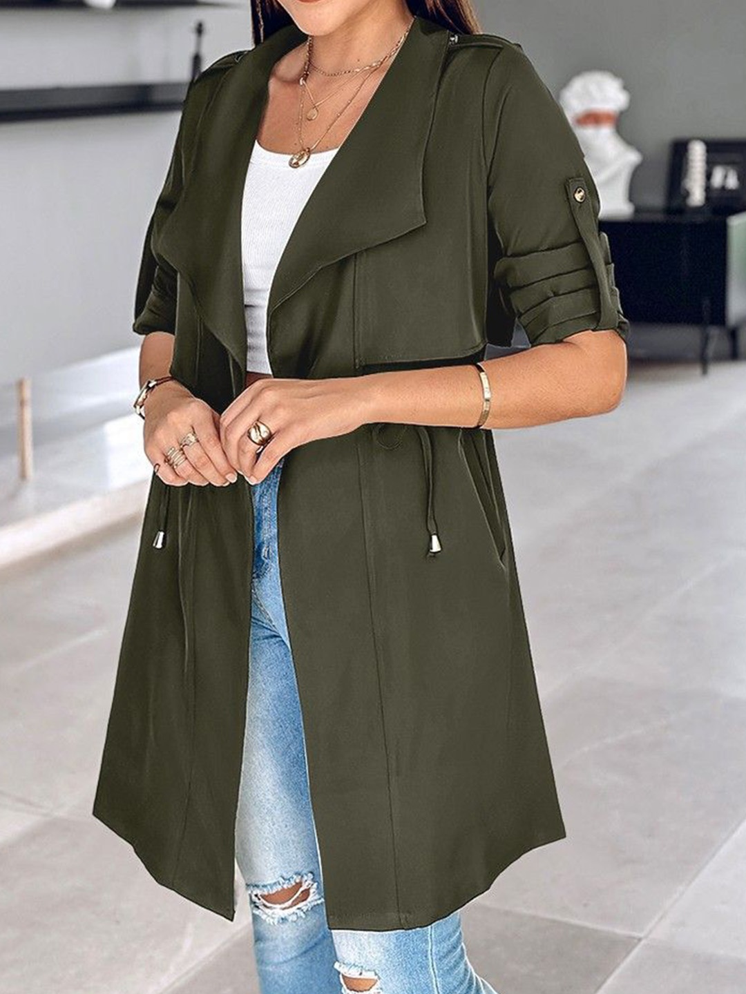 

StyleCast Women Asymmetric Closure Longline Open Front Jacket, Olive