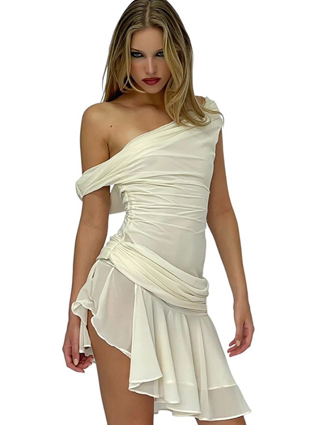 

StyleCast x Revolte One Shoulder Net Bodycon Dress, Beige