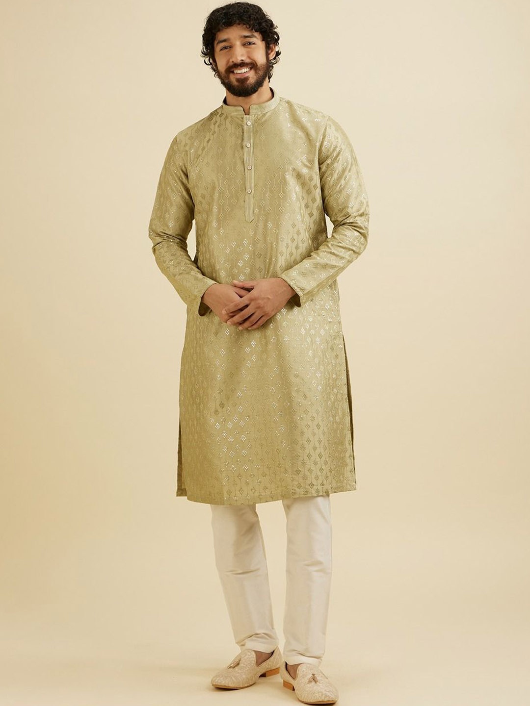 

Manyavar Men Embroidered Regular Sequinned Kurta with Pyjamas, Green