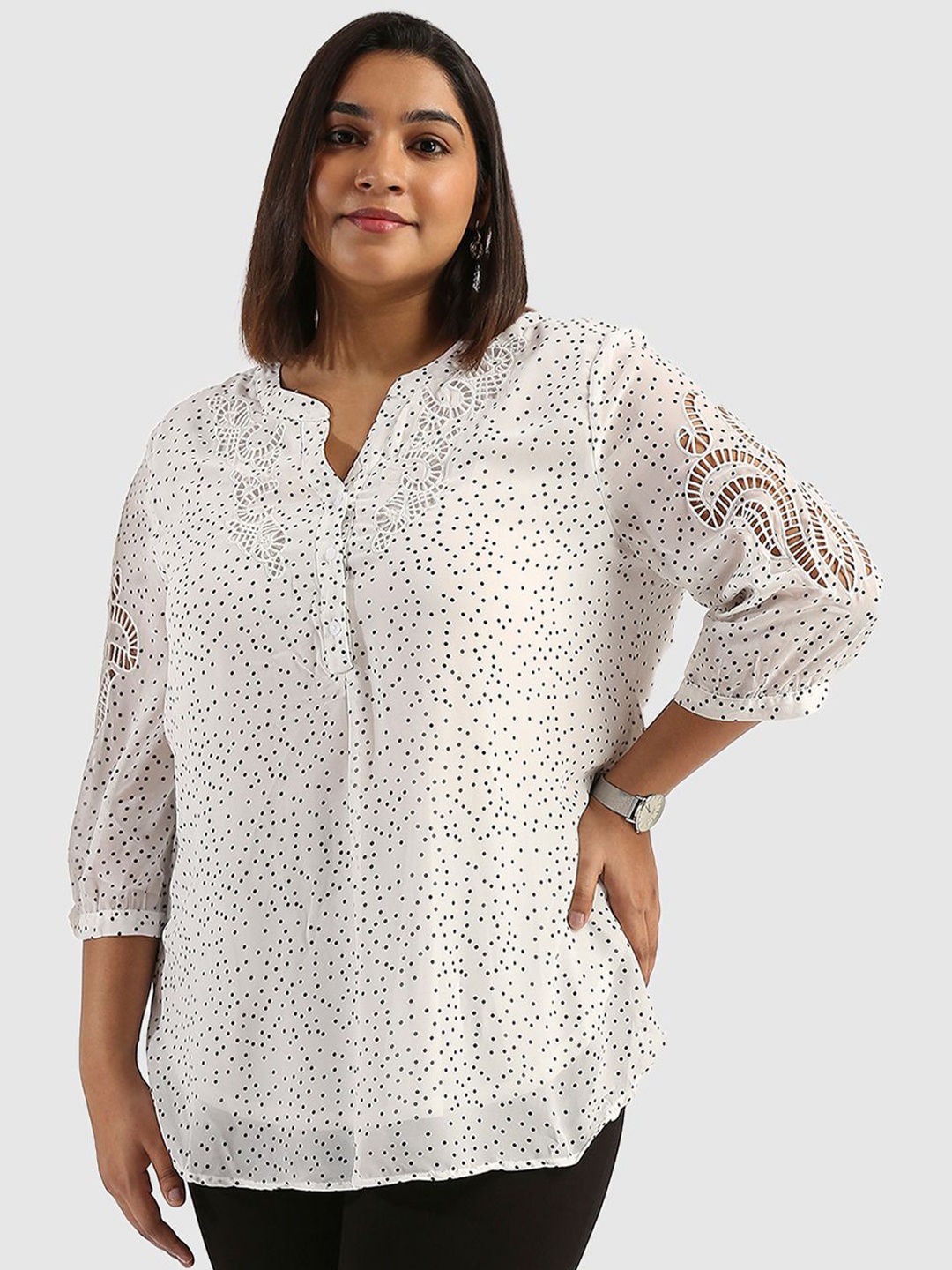 

Presence Animal Print Mandarin Collar Top, White