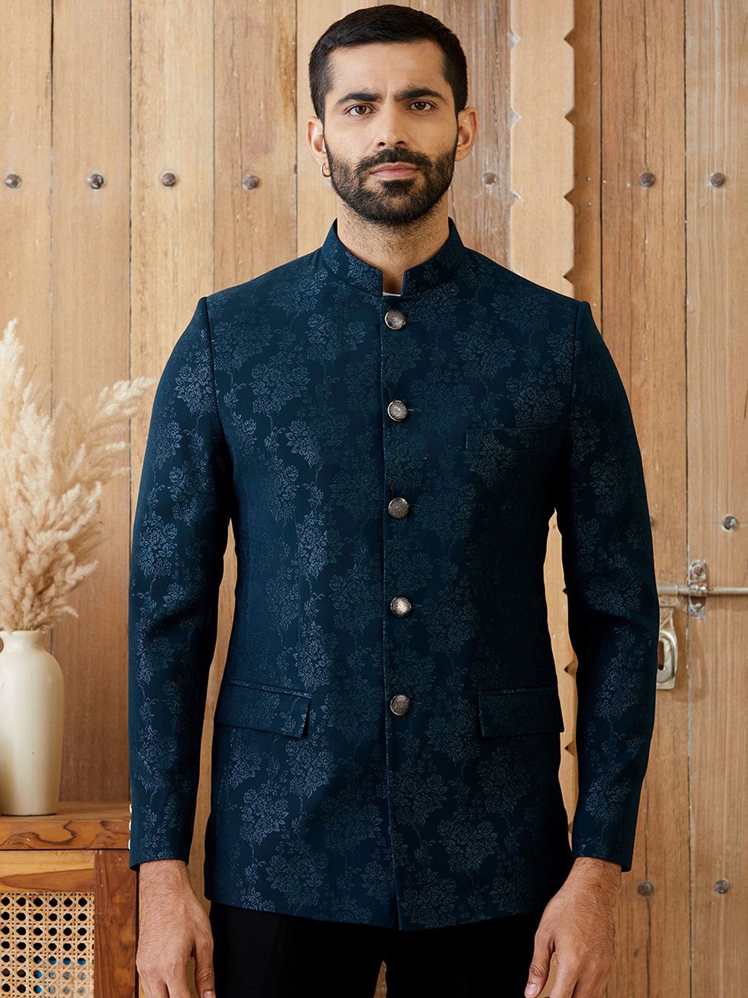 

MR BUTTON Printed Tailored Fit Bandhgala, Blue