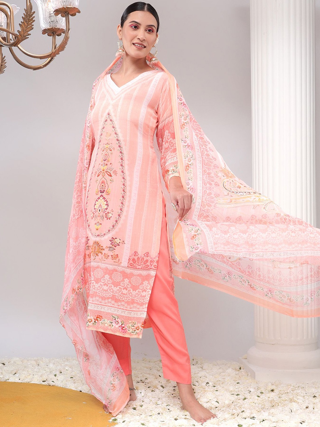 

REETI OF PRINTS Unstitched Dress Material, Orange