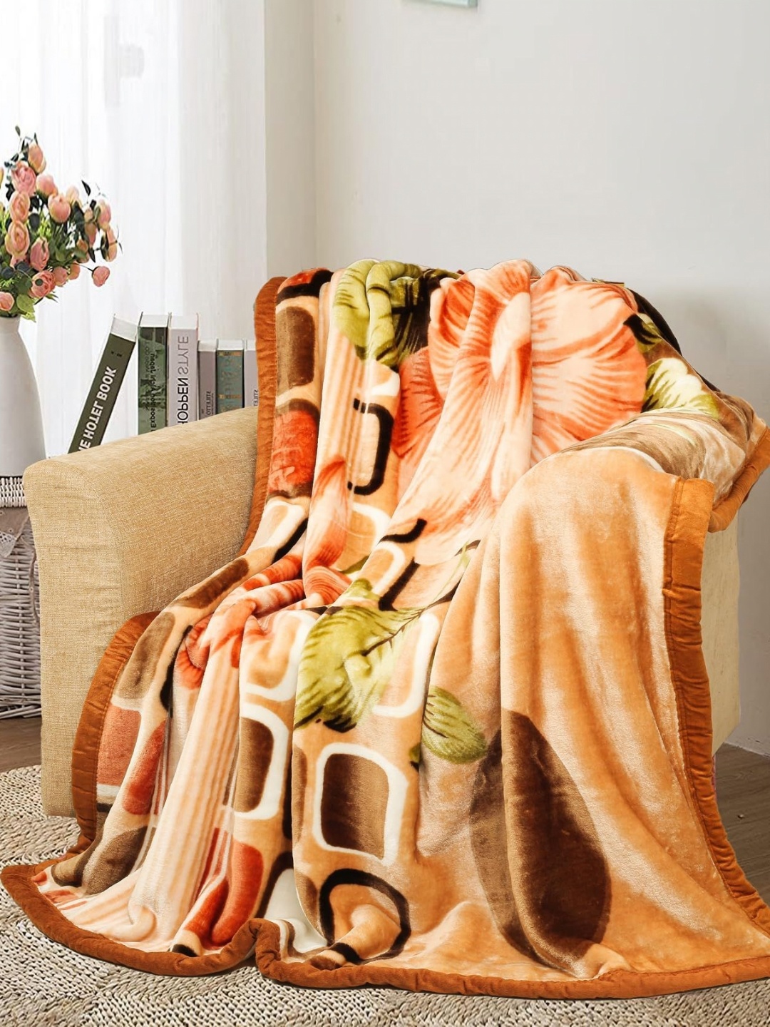 

bsb home Orange & Beige Floral Mink Heavy Winter 500 GSM Single Bed Blanket