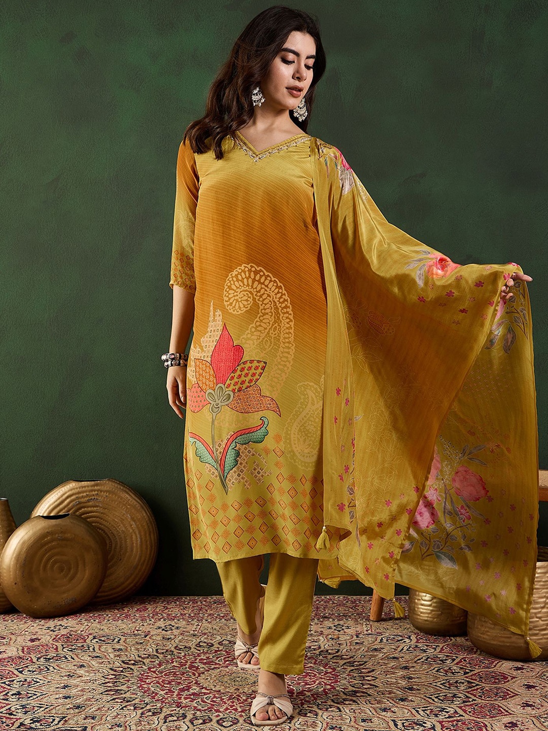 

Sangria Paisley Printed Straight Kurta & Trouser With Dupatta, Mustard