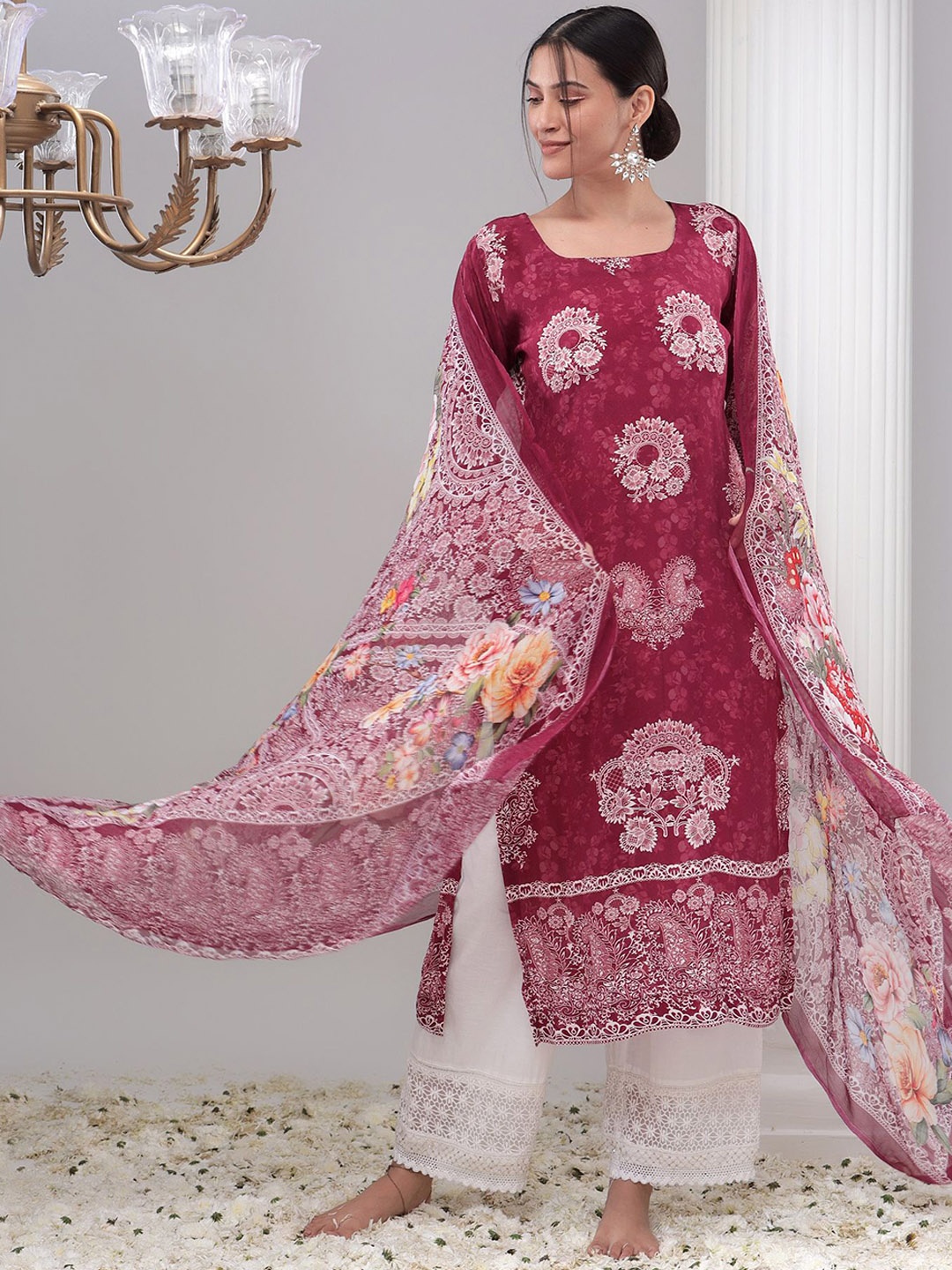 

REETI OF PRINTS Unstitched Dress Material, Maroon
