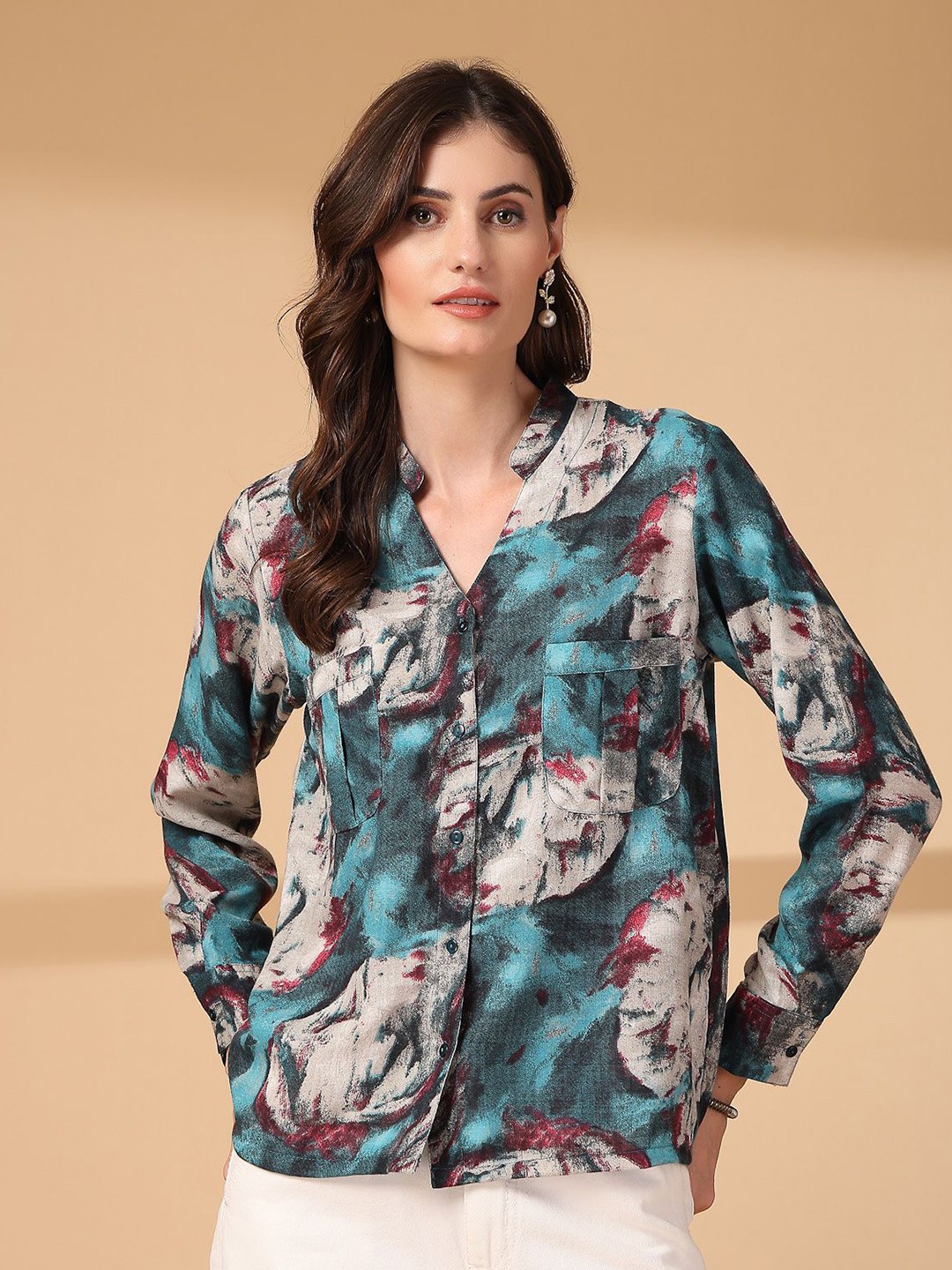 

plusS Print Mandarin Collar Puff Sleeve Cotton Top, Green
