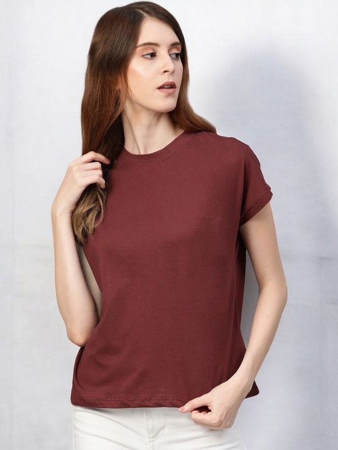 

GUTI Women Pure Cotton Cut Outs Boxy T-shirt, Maroon