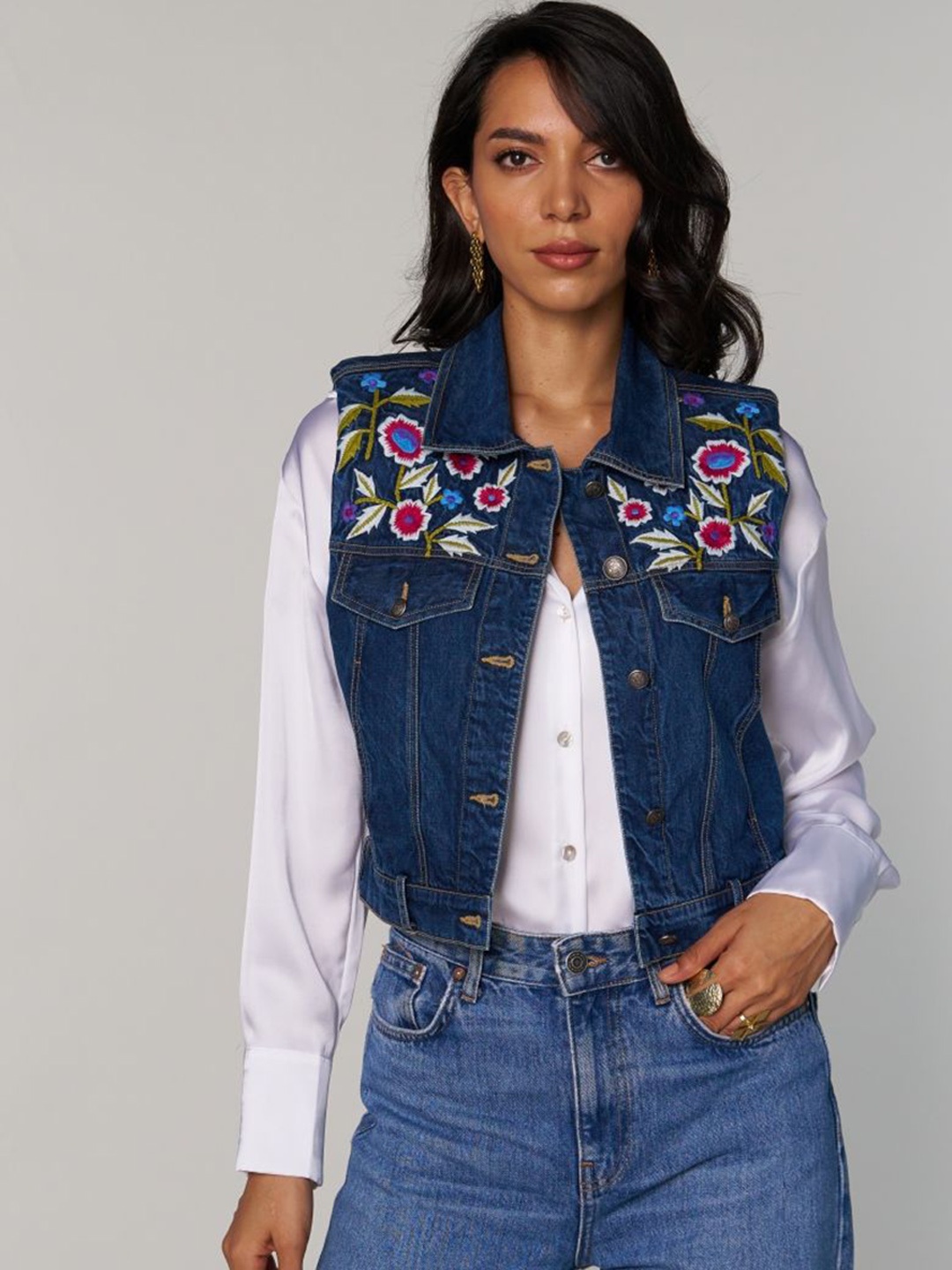 

Style Island Women Lightweight Bomber with Embroidered Jacket, Blue