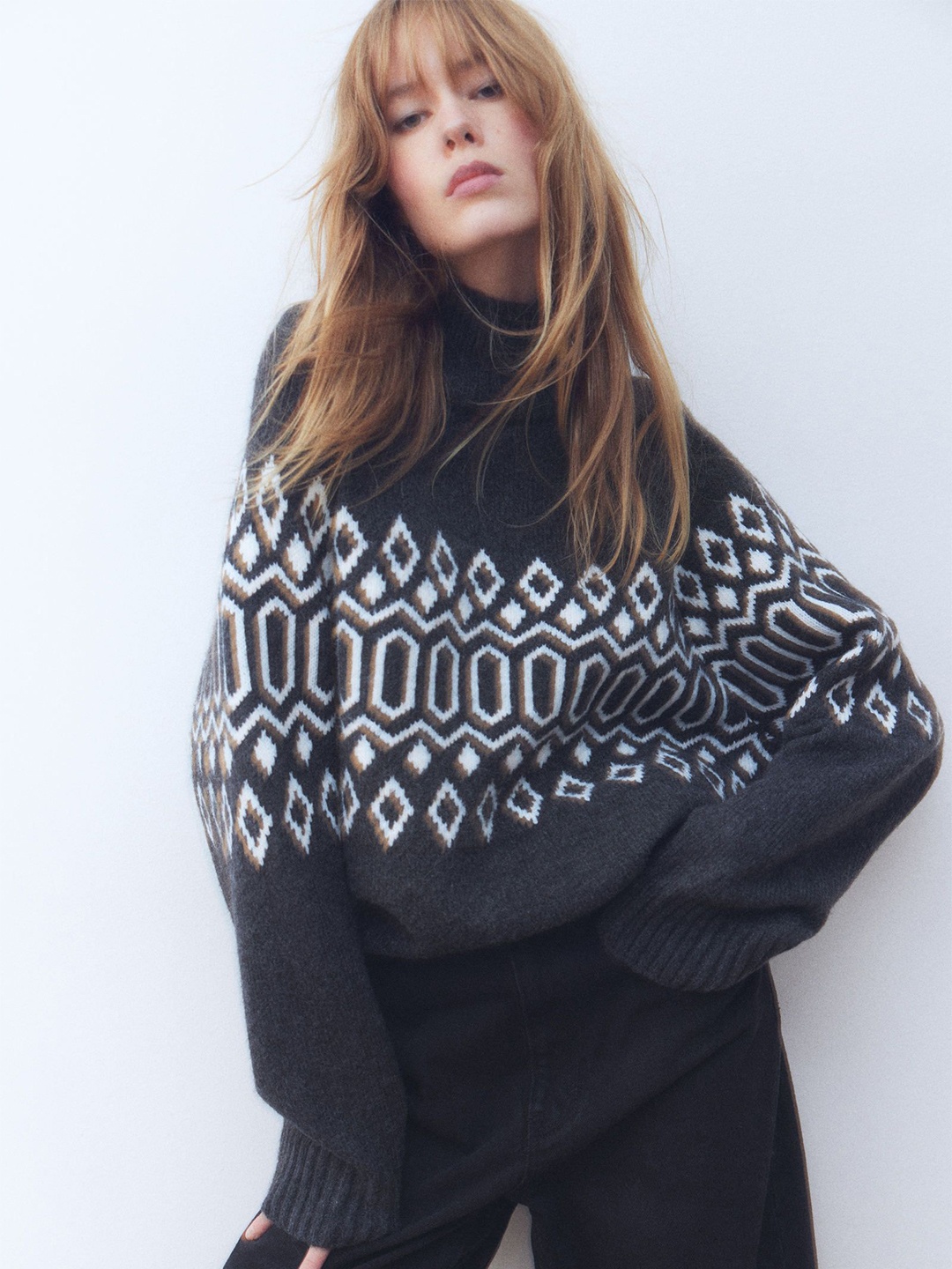 

H&M Jacquard-Knit Turtleneck Jumper, Grey